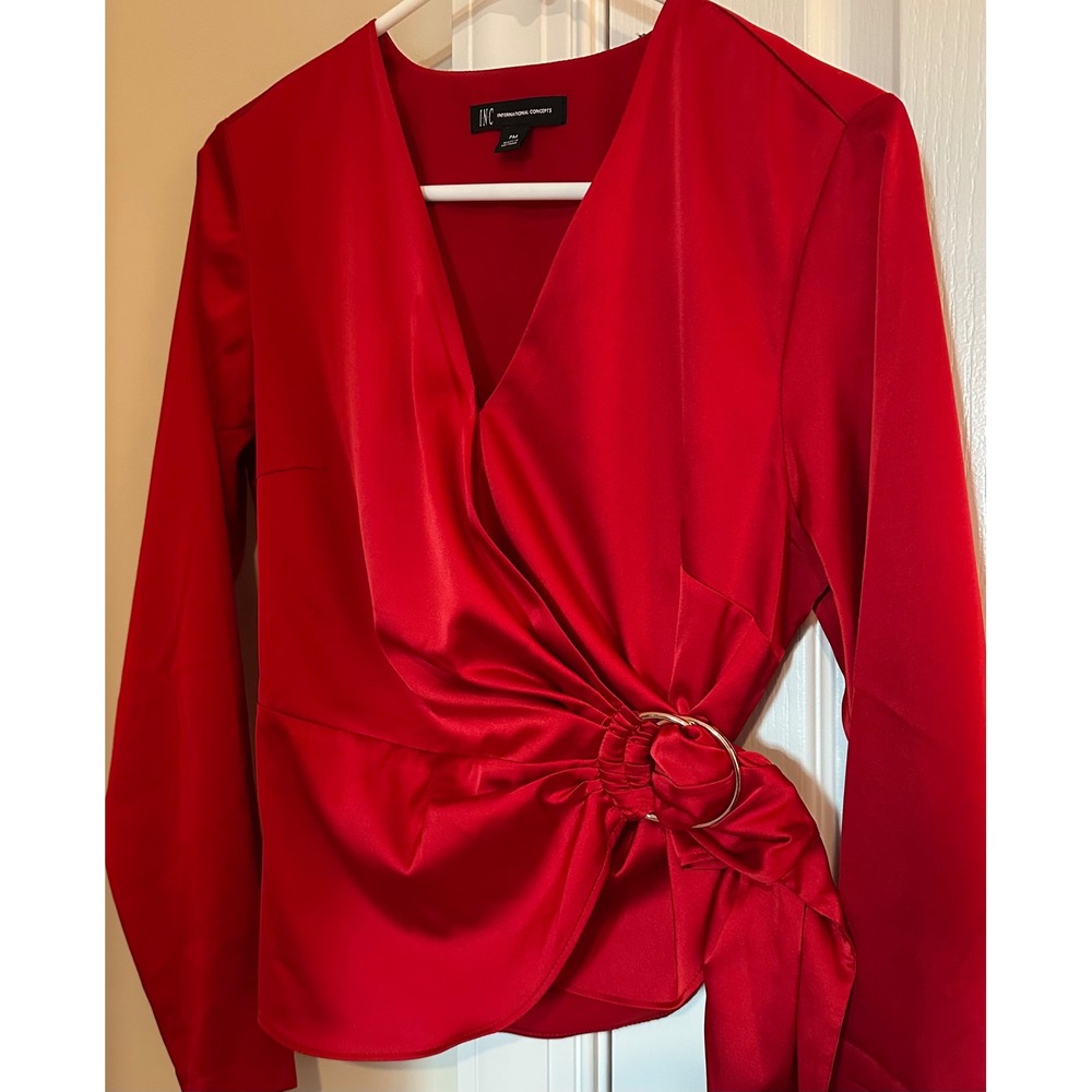 INC International Concepts Red Satin O-Ring Blouse Petite Medium PM Long Sleeve